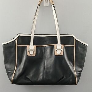 Coach Black Leather Tote with Beige Trim and White Handles
